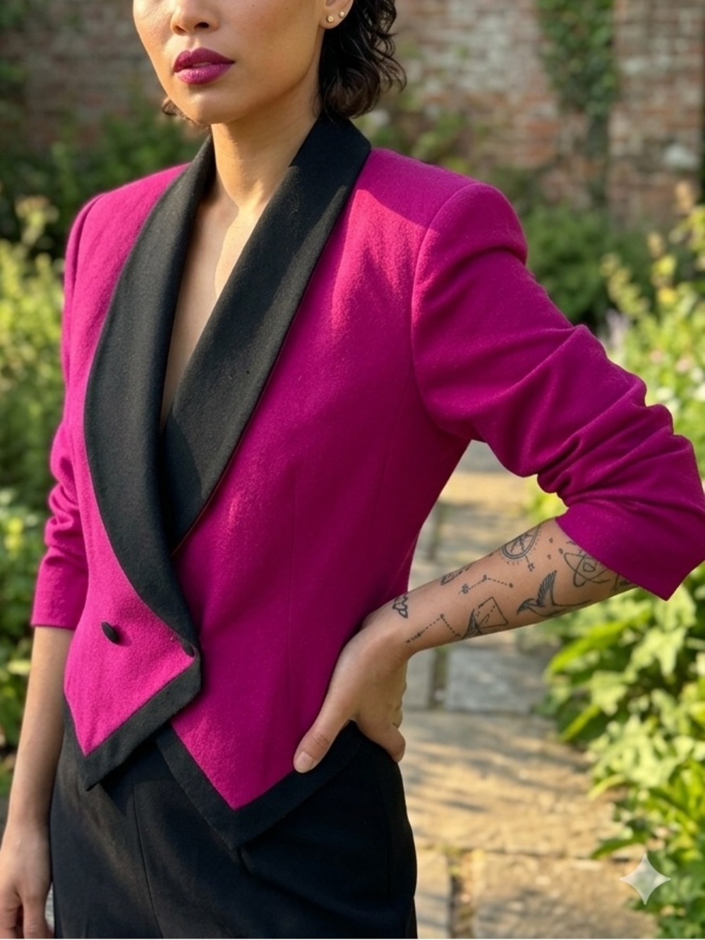 Vintage 1980s Hot Pink Tuxedo Jacket Black Trim Pointed Front Blazer Petite 10
